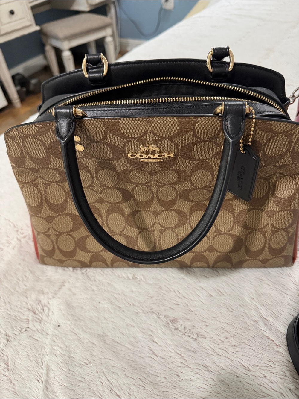 Coach Brown Signature Satchel with Black Trim and Gold Hardware